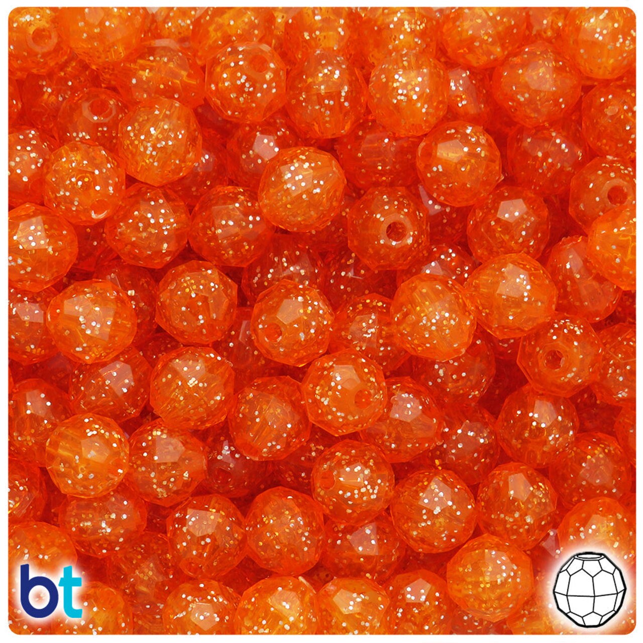BeadTin Orange Sparkle 10mm Faceted Round Plastic Craft Beads (225pcs)